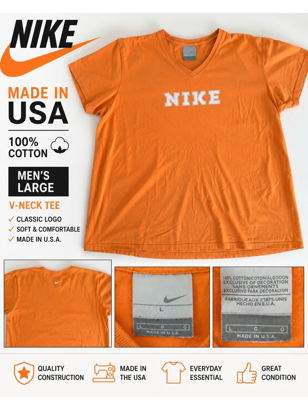 Y2K Nike Made In USA Orange V-Neck Tee Shirt Men's Large
